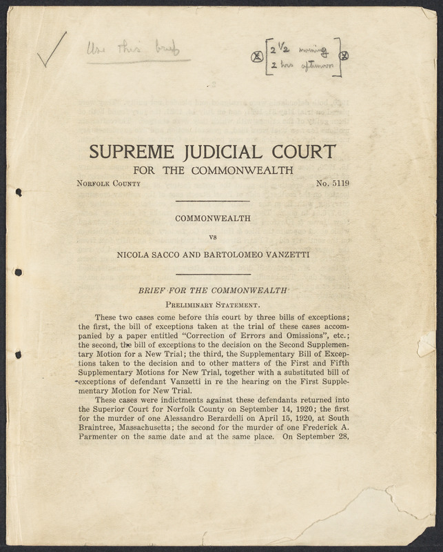 Sacco-Vanzetti Case Records, 1920-1928. Prosecution Papers. Ranney ...