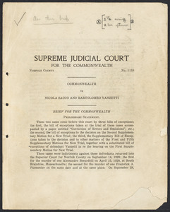 Sacco-Vanzetti Case Records, 1920-1928. Prosecution Papers. Ranney files: Brief for the Commonwealth, n.d. Box 26, Folder 7, Harvard Law School Library, Historical & Special Collections