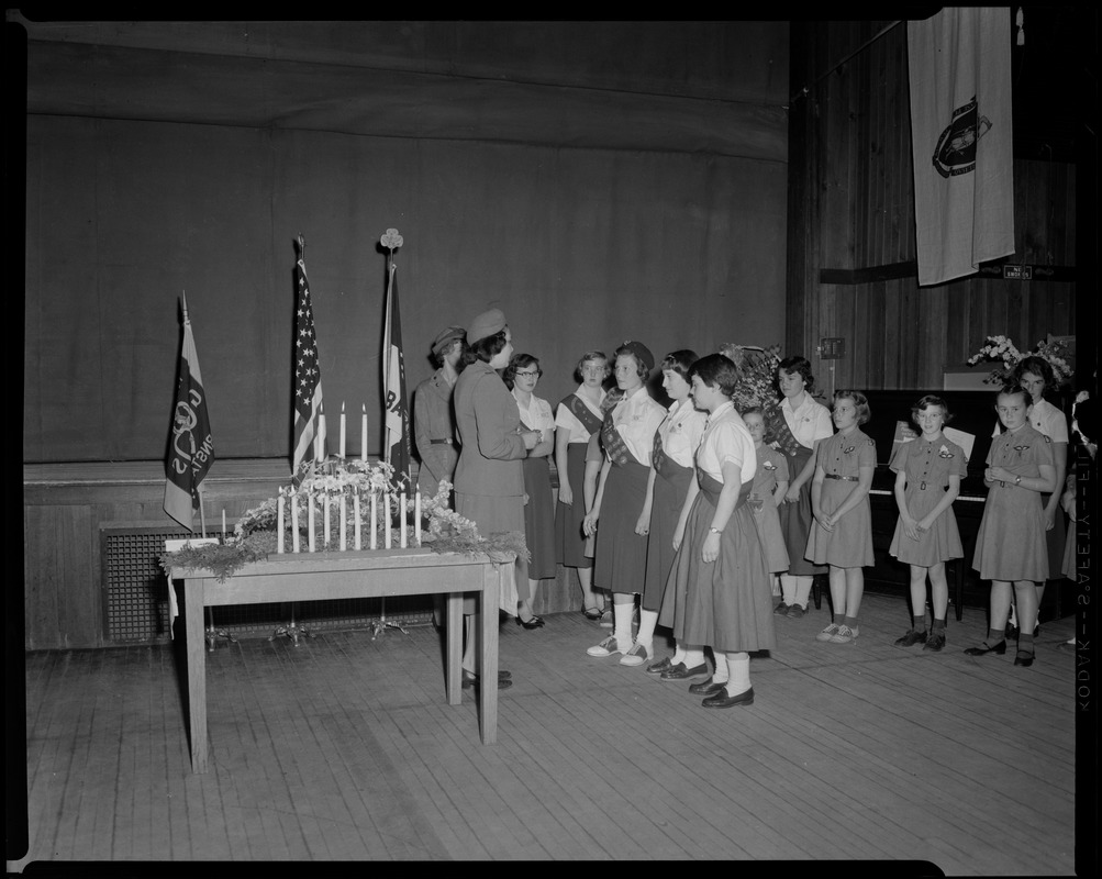 Parents Night Ceremony, Barnstable Girl Scouts Troop 56 at Barnstable Village Hall, 1955