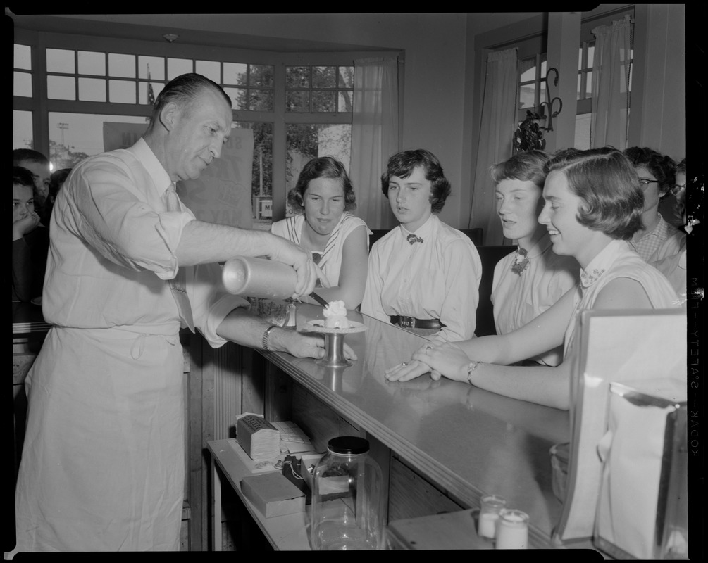 Students learn soda fountain clerking from Arthur Cardinal of Boston, at Employee Training School, sponsored by Cape Cod Chamber of Commerce and Massachusetts Employment Security Office