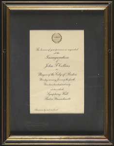 Invitation to the inauguration of John F. Collins as mayor of the City of Boston