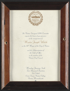 Invitation to the inauguration of Martin Joseph Walsh as the 54th mayor of the City of Boston