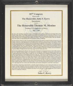 107th Congress, second session, the Honorable John F. Kerry, Massachusetts, recognizes the Honorable Thomas M. Menino, president, U.S. Conference of Mayors, May 7, 2002