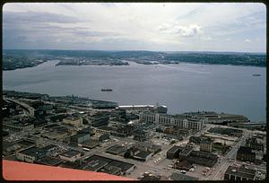 Elevated view of city and Elliott Bay, Seattle