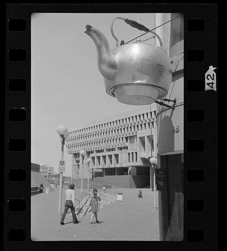 Copper Kettle restaurant with Boston City Hall in background, downtown Boston