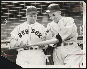 When Jimmy Foxx (left), and Al Simmons (right), helped bring the American League pennant to the Philadelphia Athletics back in 1931, little did they realize they would both some day be wearing the Boston spangles. When the bees bought Al yesterday, he arrived after seasons with the A's White Sox, Detroit and Washington Senators, whereas Jimmy came directly from Connie Mack's team to the Red Sox.