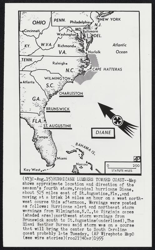 Hurricane Lumbers Toward Coast -- Map shows approximate location and direction of the season's fourth storm, tropical hurricane Diane, about 525 miles east of St. Augustine, Fla., and moving at a brisk 14 miles an hour on a west north-west course this afternoon. Warnings were posted as follows: Hurricane alert and northern storm warnings from Washington, N.C., to Virginia capes (shaded area); northwest storm warnings from Brunswick south to St. Augustine (underlined). The Miami Weather Bureau said storm was on a course that will bring the center to South Carolina coast probably late Tuesday.