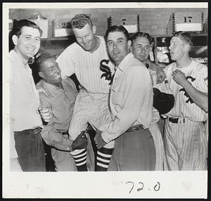 Happy, But Tired, White Sox-Chicago Outfielder Ed Stewart, whose pinch single drove in two runs to tie the Red Sox in the 19th inning last night at Comiskey Park, is hoisted by rejoicing teammates in dressing room after the Chisox won, 5-4. Left to right, Pitcher Luis Aloma, Outfielder Orestes Minoso, Stewart, First Baseman Ed Robinson, Pitcher Lou Kretlow and Outfielder Don Lenhardt who drove in the winning run.
