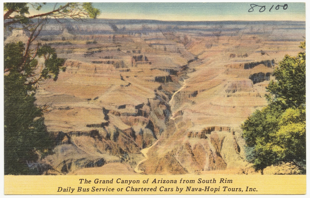 The Grand Canyon of Arizona from South Rim, daily bus service or chartered cars by Nava-Hopi Tours, Inc.