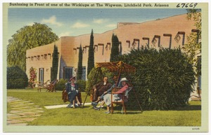 Sunlazing in front of one of the wickiups at The Wigwam, Litchfield Park, Arizona