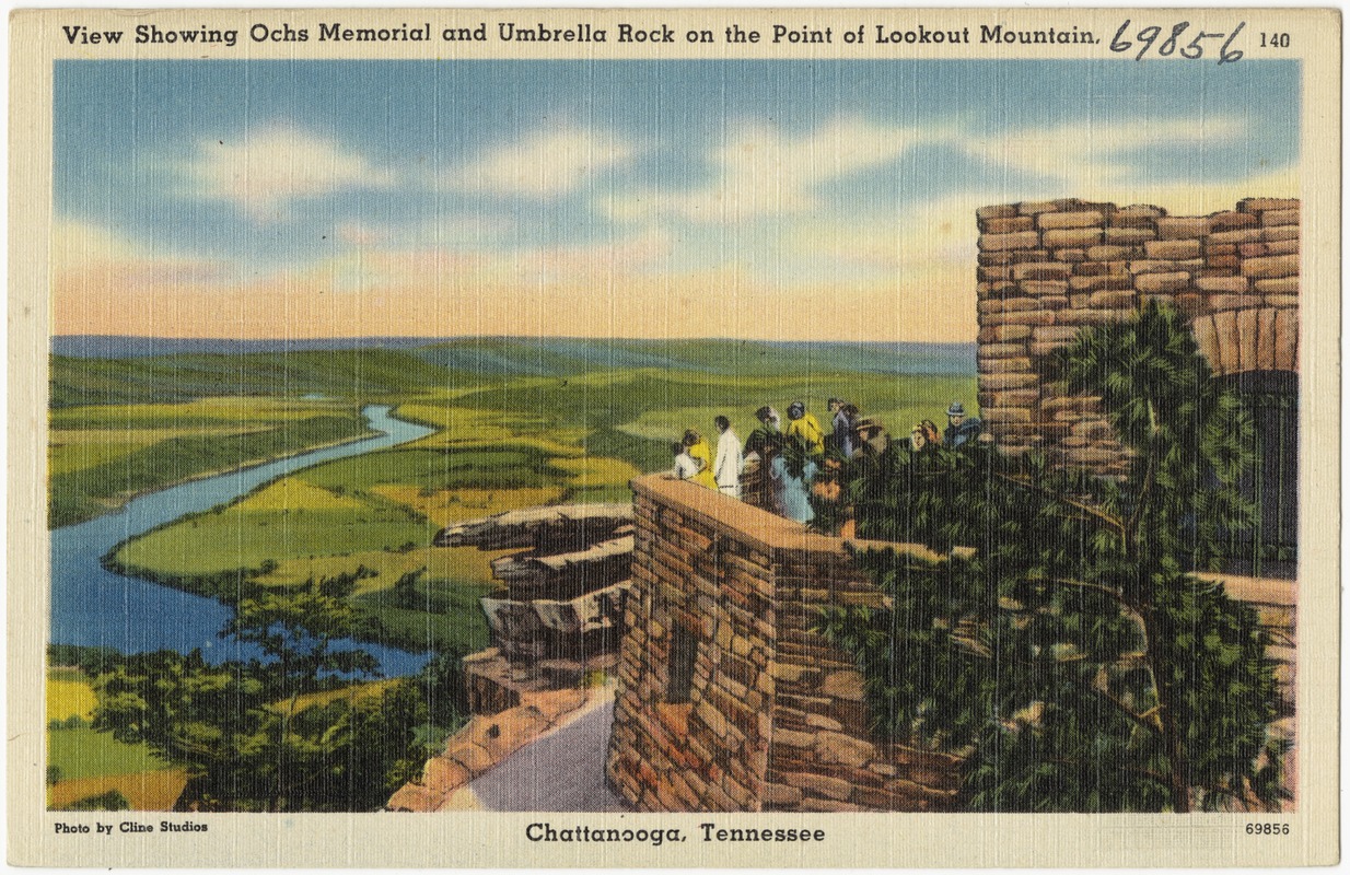 View showing Ochs Memorial and Umbrella Rock on the poin of Lookout Mountain, Chattanooga, Tennessee