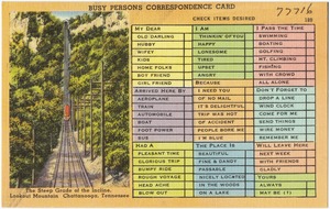 Busy persons correspondence card. The steep grade of the incline, Lookout Mountain, Chattanooga, Tennessee