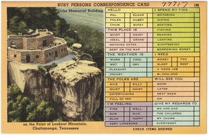 Busy persons correspondence card. Ochs Memorial Building on the point of Lookout Mountain, Chattanooga, Tennessee