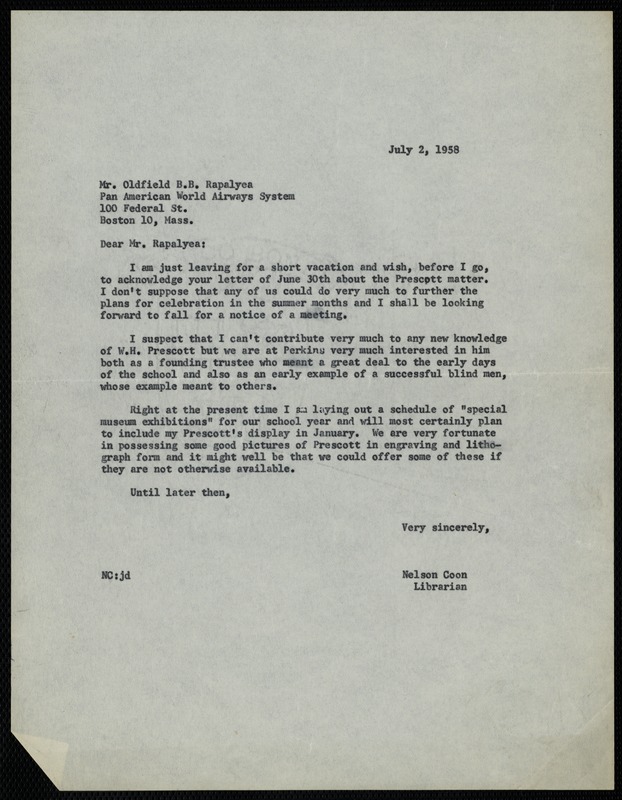 Letter regarding William Hickling Prescott celebration, 1958
