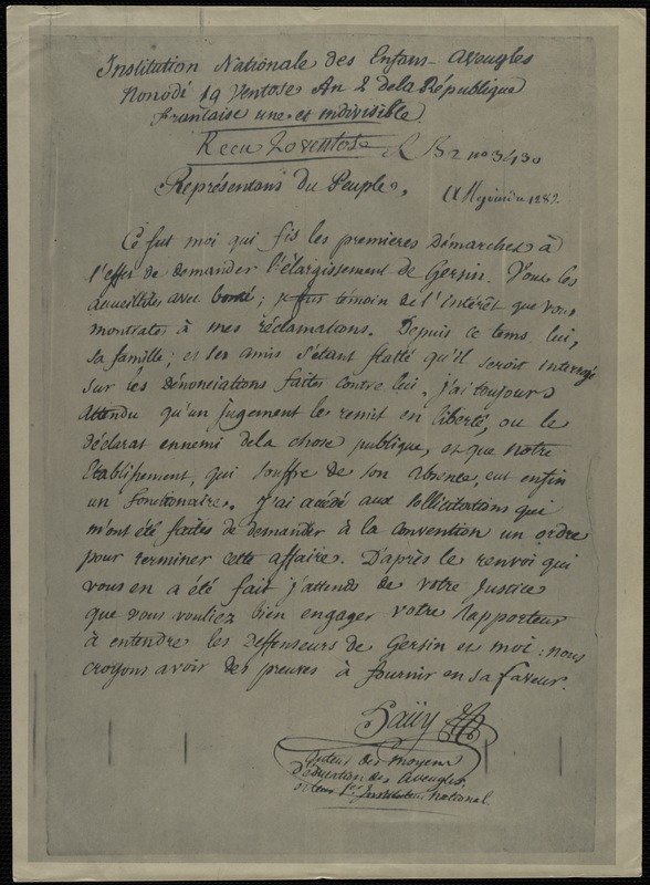 Copy of a letter by Valentin Haüy, Institute Nationale des Enfants Aveugles