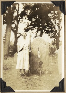 Miss Alice French beside the grave-stone of Lieut. Issachar Andrews in the Central Burying Ground, Carlisle