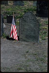 American flag next to headstone of Mary Goose, Granary Burying Ground, Boston