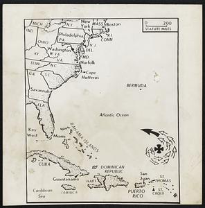 Where Hurricane Lurks-Center of a hurricane (cross) described as a “real whizzer” by the federal storm warning service, with winds of 80 to 100 miles an hour, was situated yesterday over the Atlantic Ocean about 1150 miles east-southeast of Miami, and was moving at an estimated speed of 15 miles an hour in a west-northwest of northwest direction (black arrow).