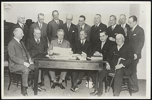 National League Leaders Meet to Ratify Schedule. Members of the National League met in New York, Feb. 3, to ratify the schedule for the forthcoming baseball season. They are shown left to right, seated: L.C. Ruch, Philadelphia, Charles Stoneham, New York, John A Heydler, president of the League, Sam Breadon, St. Louis, Emil Fuchs, Boston, Steve McKeever, Brooklyn and standing, left to right: L.C. Widrig, Cincinnati, G.P. Nugent, Philadelphia, William Veeck, Chicago, F.B. York, Brooklyn, Sidney Weil, Cincinnati, Jim Tierney, New York, James Gillandeau, Brooklyn, Cullen Cain and Harvey Traband, secretaries to the League.