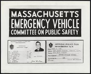Authentic Identification card and automobile windshield sticker authorized by the Office of Civilian Defense. J. W. Farly, director of the Massachusetts Committee on Public Safety, requests police of commonwealth not to recognize any other forms. At top is the automobile sticker, below the face and reverse of the identification card.