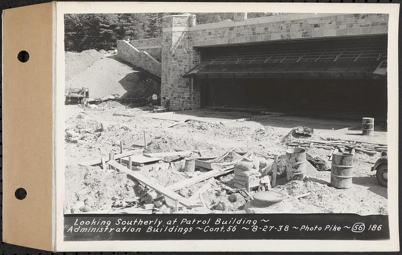 Contract No. 56, Administration Buildings, Main Dam, Belchertown, looking southerly at patrol building, Belchertown, Mass., Aug. 27, 1938