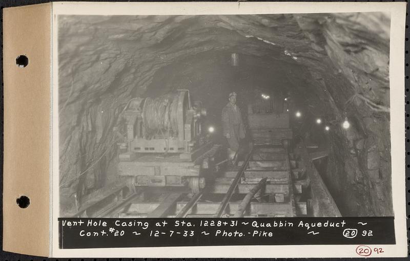 Contract No. 20, Coldbrook-Swift Tunnel, Barre, Hardwick, Greenwich, vent hole casing at Sta. 1228+31, Quabbin Aqueduct, Hardwick, Mass., Dec. 7, 1933