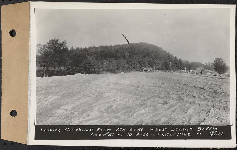 Contract No. 51, East Branch Baffle, Site of Quabbin Reservoir, Greenwich, Hardwick, looking northwest from Sta. 6+50, east branch baffle, Hardwick, Mass., Oct. 8, 1936