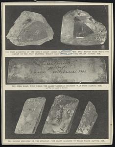 The First Cleaving of the King's Great Cullinan Diamond: the Two Stones That Were the Result of the First Splitting-Weight, 1040 1/2 Carats and 1977 1/2 Carats. (Actual Size.) The Steel Knife With Which the Great Cullinan Diamond was Split. (Actual Size.) (X) The dent caused by the blow. The Second Cleaving of the Cullinan: the Great Diamond in Three Parts. (Actual Size.)