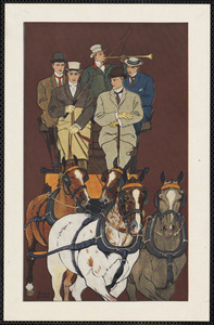 Five men riding in a carriage drawn by four horses