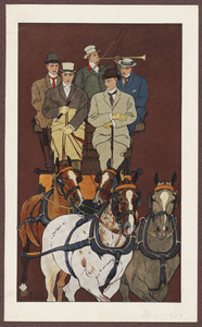 Five men riding in a carriage drawn by four horses