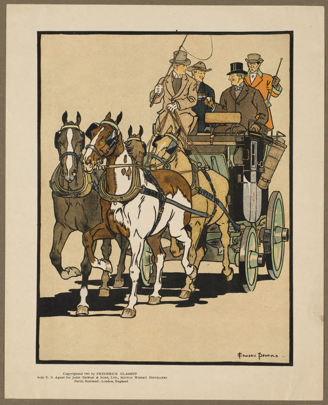 Four men riding on top of a carriage being drawn by four horses