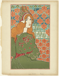 Woman looking over her shoulder with stylized flowers in the background
