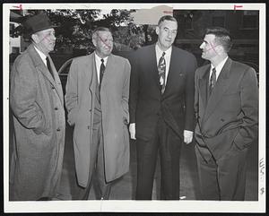 Honorary Bearers For Hugh Duffy -- Former and present big league luminaries pay tribute to Hugh Duffy at St. Columbkille’s Church, Brighton. Left to right, Fredy Maguire, former Chicago Cubs and Braves infielder Jim Tunney, New York Giants; Clayt Sheedy, New York Yankees, and Johnny Pesky, Red Sox, Detroit Tigers and Washington Senators.