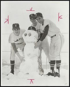 When Snow Postponed Bentley's baseball game with Salem State yesterday, three players still went to practice. From left, Frank Harman of Rockport, Len White of Lexington and Joe Majkut of Taunton.