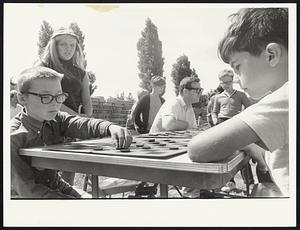 Playground Championship Fens Stadium. Checkers game between L-R Eddie Knudsen 9 of Dorchester and Gary Sullivan 11 of West Rox.