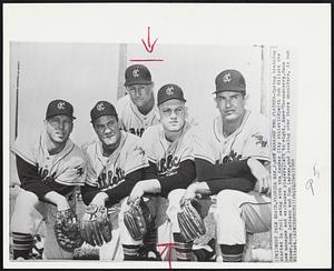 New Manager and Players-Spring training started in full swing with the Kansas City Athletics, with Bob Elliott the new manager and ex-Yankee players. Left to right, Marv Throneberry, Hank Bauer, Norm Seibern and Don Larsen, and looking over there shoulders, is Bob Elliott.