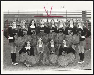 Whitman-Hanson Regional High School Cheerleaders. Front, Gail Kenerson, Cathy Long (Capt.), Joanne Lynch (Co-capt.), Karen Ellis. Back, Connie Dunbar, JoAnn Merithew, Candy Colburn, Retti Schmitt, Charlene Lavin, Debbie Morin, Beth Cushman, Jo-Anne McClellan.