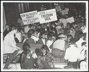 Picket School Headquarters as the Superintendent of schools, William H. Ohrenberger admitted there is a racial imbalance in Boston Schools, hundreds of pickets paraded in front of their headquarters in Boston tonight (6/14/65). Picketing has continued there for over a month, but Ohrenberger said it is not in itself harmful to education.