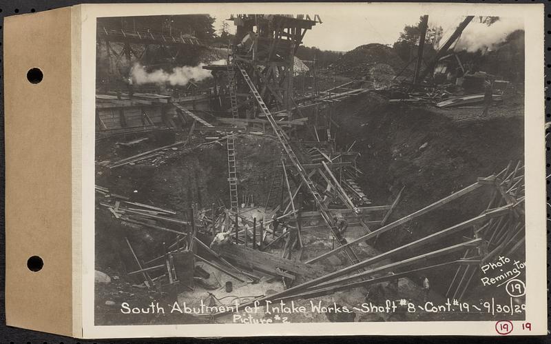 Contract No. 19, Dam and Substructure of Ware River Intake Works at Shaft 8, Wachusett-Coldbrook Tunnel, Barre, photo no. 2, south abutment of intake works, Shaft 8, Barre, Mass., Sep. 30, 1929