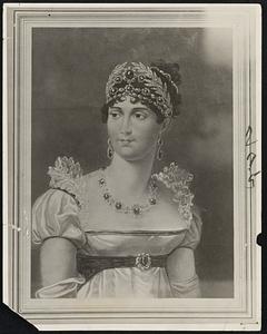 Gems Given by Napoleon to his Former Empress Josephine on Sale Here. A pair of diamond and emerald earrings valued at $100,000 the gift of Napoleon to his former Empress Josephine placed on sale in New York yesterday caused no little end of surprise. The earrings, the favorite ornaments of the former Empress consists of two great pear shaped emerald pendants surrounded by ten diamonds graduating in size from a little less to a little more than a carat. The pendant is attached to a pin with a hexagonal emerald s surrounded by thirteen diamonds of half a carat each. All the stones are of excellent quality and the emeralds are especially clear and beautiful. The jewels which were personally directed as to design to the Jeweler was the last gift given by Napoleon to his Empress. The stones were found at Cartier's Jewelers on Fifth Avenue yesterday. Photo shows a painting of Empress Josephine wearing her jewels.