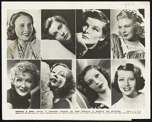 The Lips Tell the Truth. A woman's eyes may deceive, but her lips tell the true story of her temperament, says Mel Berns, RKO Radio's head make-up man. Here is a reading of the lips of eight of the top ranking stars of the screen as Berns sees them. Left to right top row: Barbara Stanwyck, deeply emotional with a touch of sadness. Frances Dee, childlike sweetness. Katharine Hepburn, strength of character and intelligence, Ginger Rogers, joyousness. Bottom row: Miriam Hopkins, high mentality and wilfullness. Ann Sothern, sweetness and definite amount of strength. Loretta Young, sentimentality and affection. Lily Pons, generosity and good nature.
