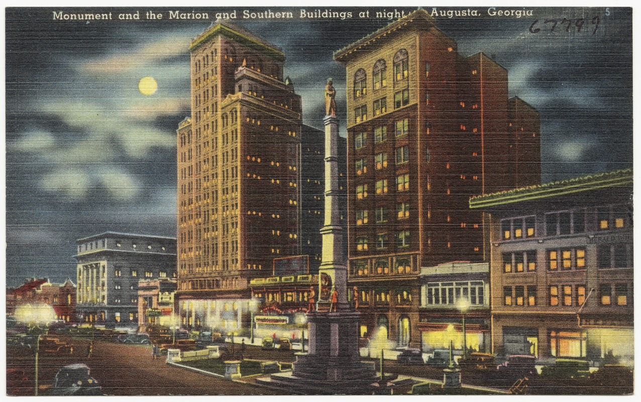 Monument and the Marion and Southern buildings at night, Augusta, Ga.