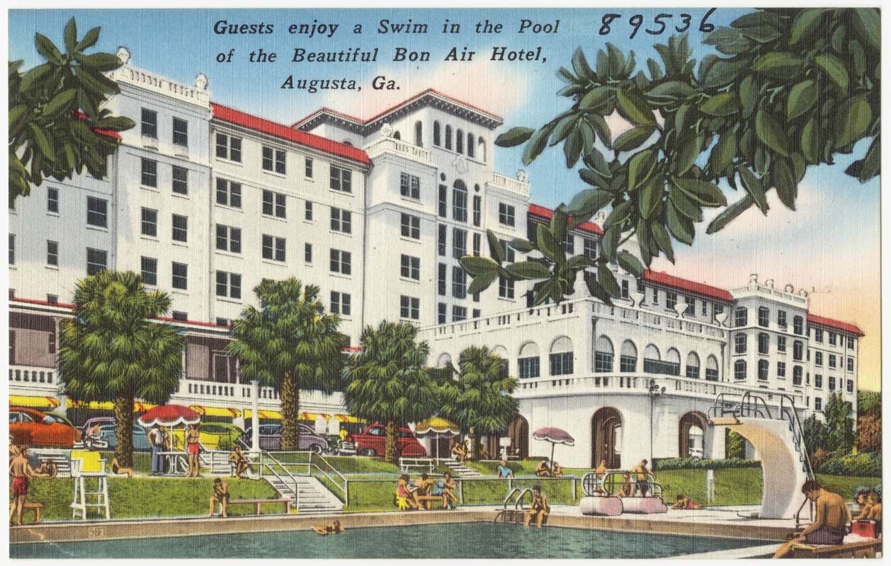 Guests enjoy a swim in the pool of the beautiful Bon Air Hotel, Augusta, Ga.
