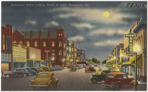 Newcastle Street looking north, at night, Brunswick, Ga.