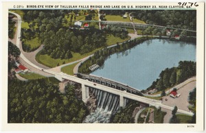 Birds-eye view of Tallulah Falls Bridge and lake on U.S. Highway 23 near Clayton, Ga.