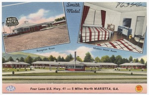 Smith Motel, four lane U. S. Hwy. 41 -- 5 miles north Marietta, Ga. -- reception room and modern motel room