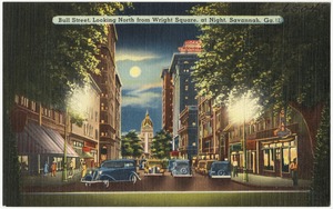Bull Street, looking north from Wright Square, at night, Savannah, Ga.