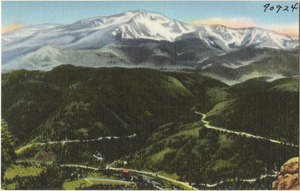 Pikes Peak, alt. 14,110 feet from Rampart Range Road, showing cascade and beginning of Pikes Peak Auto Highway.