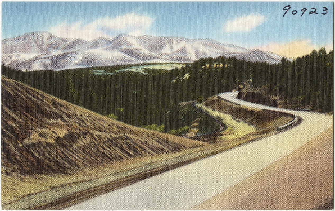 Pikes Peak, alt. 14,110 feet. From Ute Pass Highway (U.S. 24) above Woodland Park, Colorado.