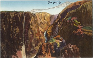 Panorama of the Royal Gorge, Colo., one of the world's greatest chasms, showing the world's steepest incline railway and the world's highest bridge.